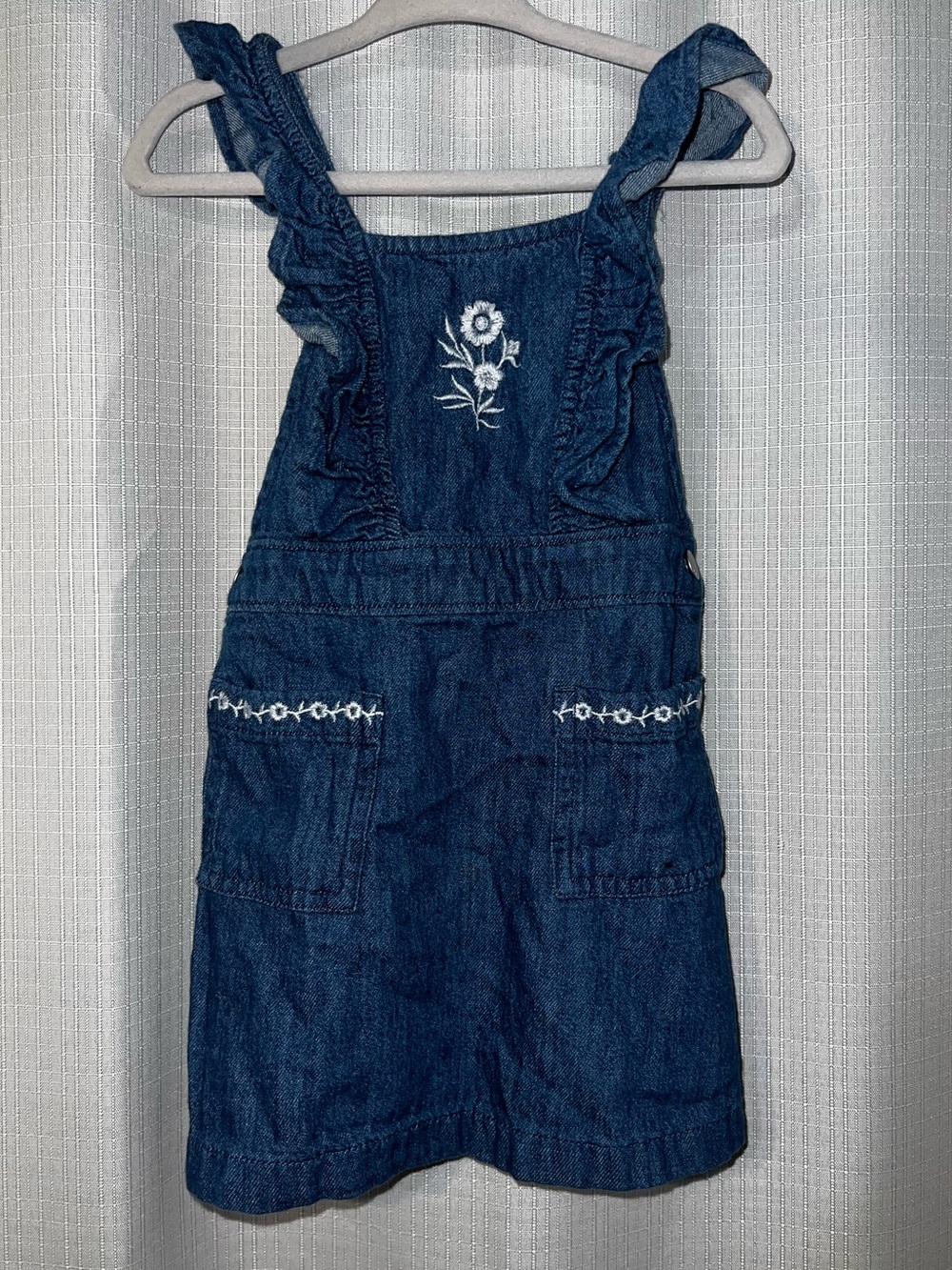 Old Navy Dark Blue Denim Jumper Dress with White Floral Embroidery